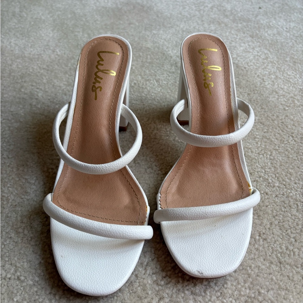 LuLus White Strappy Heels – Size 9, Medium Heel, Lightly Worn